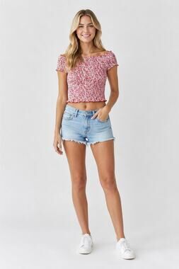 SO Smocked Ditsy Floral Top Womens Size XL Off The Shoulder Red 100% Cotton Y2K